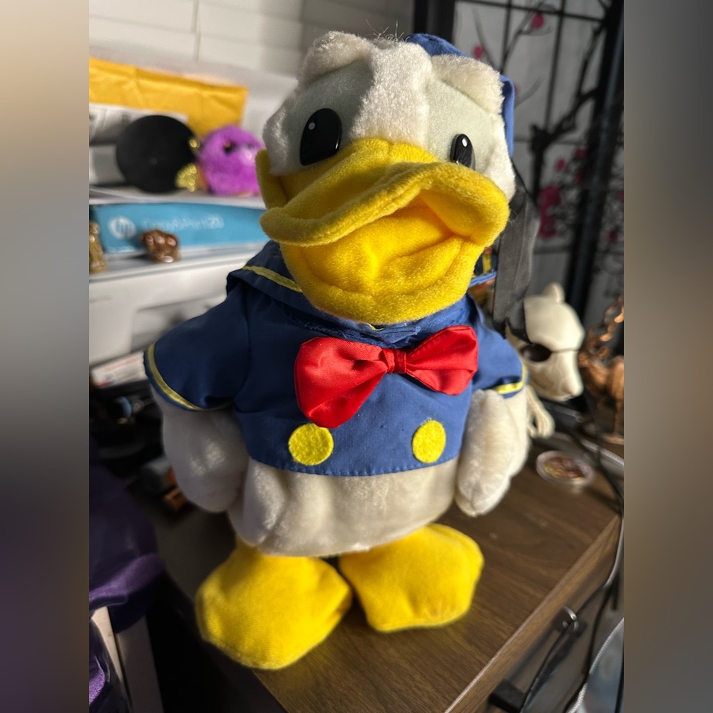 Vintage 1980s Donald Duck Plush Toy - Blue Jacket & Red Bow